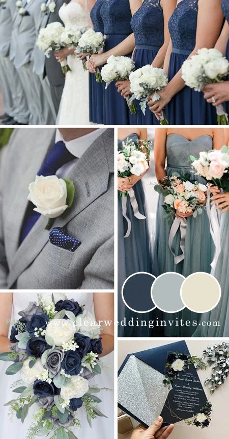 July 2023 Wedding Colors, Stormy Wedding Theme, Navy Blue Wedding Palette Color Pallets, Navy And Gray Fall Wedding, Blue And Silver Fall Wedding, Sapphire Wedding Color Palette, Fall Summer Wedding, Dark Blue And Grey Wedding, Navy Blue And Gray Wedding Theme Color Palettes