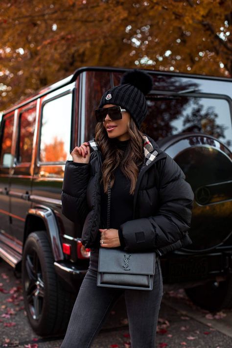 fashion blogger wearing a burberry puffer jacket and a moncler beanie for a casual winter outfit. for more ways to wear the quilted jacket trend, head to the mia mia mine fashion blog. #instagramootd #style #fall Beanie Winter Outfit Street Style, Outfits With Beanies Winter, Beanie And Leather Jacket Outfit, Moncler Hat Women Outfit, Moncler Hat Outfit, How To Style Puffer Jacket Women, Moncler Beanie Outfit, How To Style A Puffer Jacket, Winter Outfits With Hats