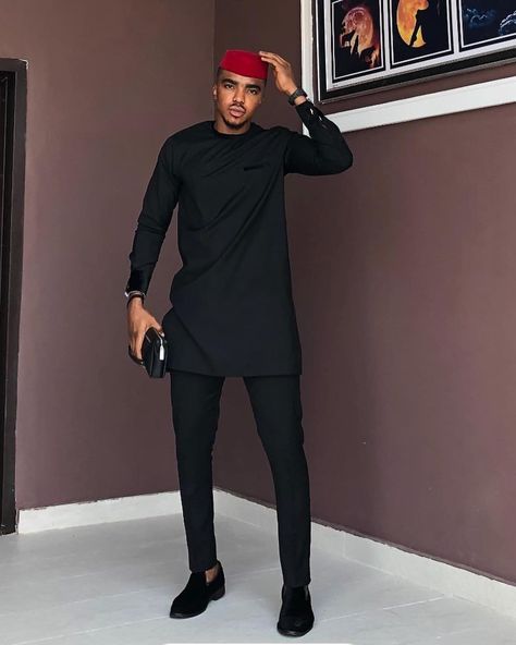 Black senator wear with red cap Black Senator Styles For Men, Senator Styles For Men, Senator Styles, African Men Clothing, African Wear For Men, Senator Wears, Tailor Made Suits, Matching Pants Set, Nigerian Men Fashion