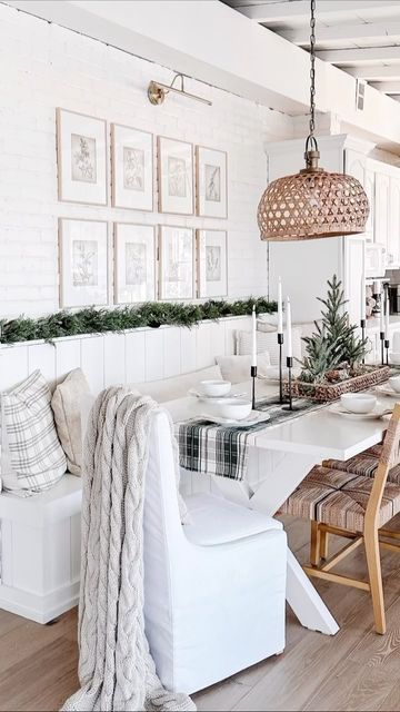 One Cottage Way | Tracey on Instagram: "Holiday Breakfast Nook✨🌲 Don’t you just love a good before and after? I couldn’t resist doing a holiday version of this space. It’s definitely come a long way! I’ve shared all the shopping details on our LTK shop. Tap our link in bio or link directly from stories. XOXO, Tracey #breakfastnook #neutralchristmas #neutraldecor #neutralhome #holidaydecor #coastalhome #coastalfarmhouse #mybhg #targetstyle #targetfinds #serenaandlily #ltk #ltkhome #myhomevibe #lightandbright #newbuffalomichigan #explore" Christmas Dining Room Decor, Dining Room Nook, Table Breakfast, Christmas Dining Room, Holiday Breakfast, White Dining Chairs, Coastal Farmhouse, Neutral Decor, Breakfast Nook