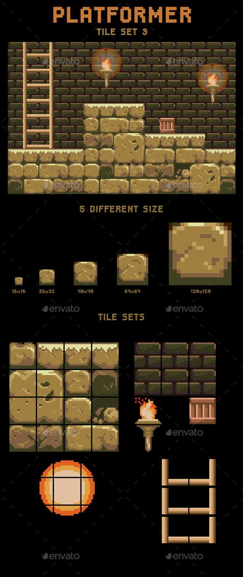 Tile Sets Pixel Art, Pixel Pete (peter Milko), Pixel Art Tileset Platformer, Pixel Art Level Design, Pixel Game Assets, Platform Game Design, Pixel Art For Games, Egypt Pixel Art, 2d Game Assets