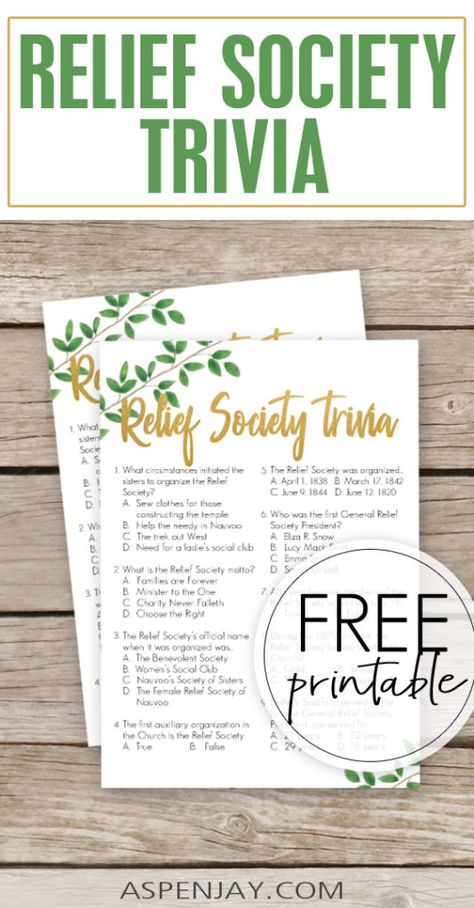 Relief Society Trivia Game - free printable - Aspen Jay #reliefsocietybirthday #reliefsociety #lds Relief Society History Trivia, Ministering Interviews, Rs Gifts, Zoom Teaching, Relief Society Handouts, Lds Relief Society Activities, Relief Society Visiting Teaching, General Conference Activities, Rs Activities