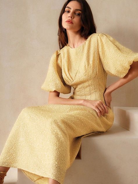 Yellow Dress Formal, Light Yellow Dress, Light Yellow Dresses, Soft Autumn Palette, Puffy Long Sleeves, Body Dress, Vestido Casual, Women Long Dresses, Long Dresses