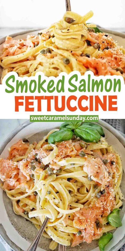 Fork being twirled in bowl of smoked salmon fettuccine with text written between 2 images. Smoked Salmon Linguine, Smoked Salmon Fettuccine Alfredo, Smoked Salmon Pasta Creamy, Pasta With Smoked Salmon Recipe, Hot Smoked Salmon Pasta, Smoked Salmon Fettuccine, Things To Make With Smoked Salmon, Salmon Fettuccine Alfredo, What To Do With Smoked Salmon