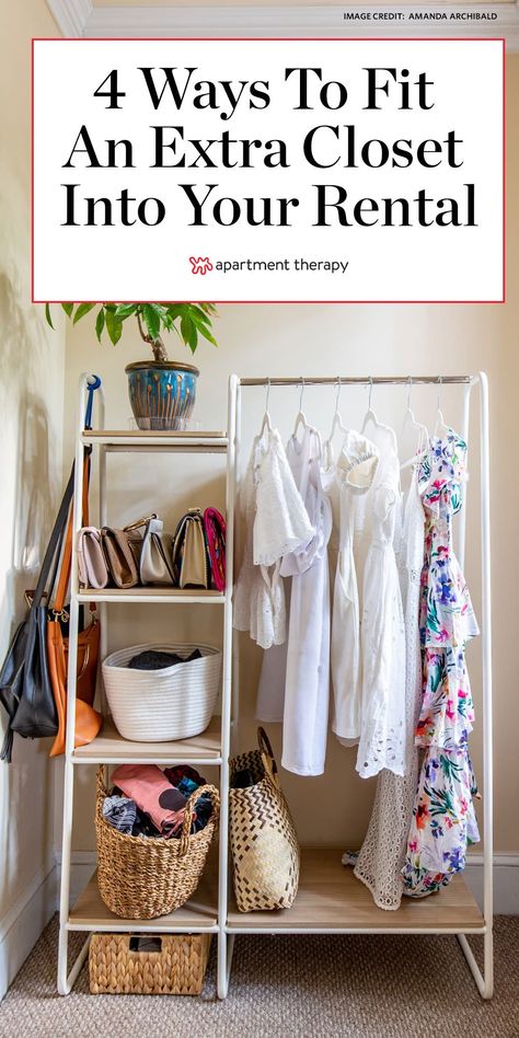 Here are 4 sneaky ways to squeeze an extra closet into your rental. #tipsandtricks #rentalapartment #closet #closetspace #dreamcloset #storage #storagetips #storageideas #closetideas #smallcloset Clothes Storage Without A Closet, Rental Closet, Closet Alternatives, Makeshift Closet, Dresser Alternative, Apartment Closet Organization, Lofted Bed, Standing Closet, Small Closet Space