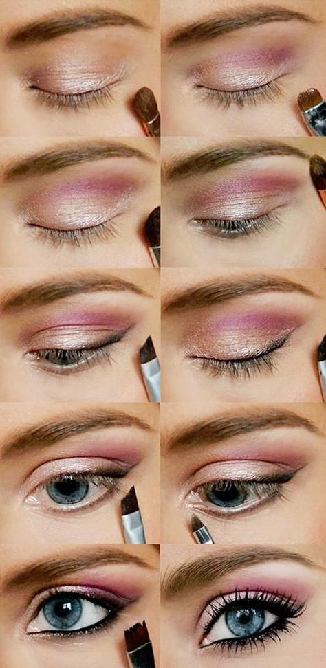 Eyeshadow Tutorials for Blue Eyes Pink Gold Eye Makeup, Rosa Make-up, Gold Eye Makeup Tutorial, Blue Eye Makeup Tutorial, Eyeshadow Tutorial For Beginners, Gold Eyeliner, Gold Eye Makeup, Barbie Makeup, Valentines Day Makeup