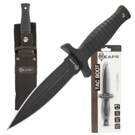 SKU 233500047 - The REAPR 11002 TAC Boot Knife is a dagger like no other. Designed for stealth operations, its double edge stainless steel blade has a black oxide coated finish to minimize reflectivity. Plus, the versatile sheath design allows multiple options for covert carry.More Knife Combat, Apocalypse Survival Gear, Fiberglass Mold, Eye Makeup Images, Boot Knife, Knife Patterns, Makeup Images, Pretty Knives, Apocalypse Survival