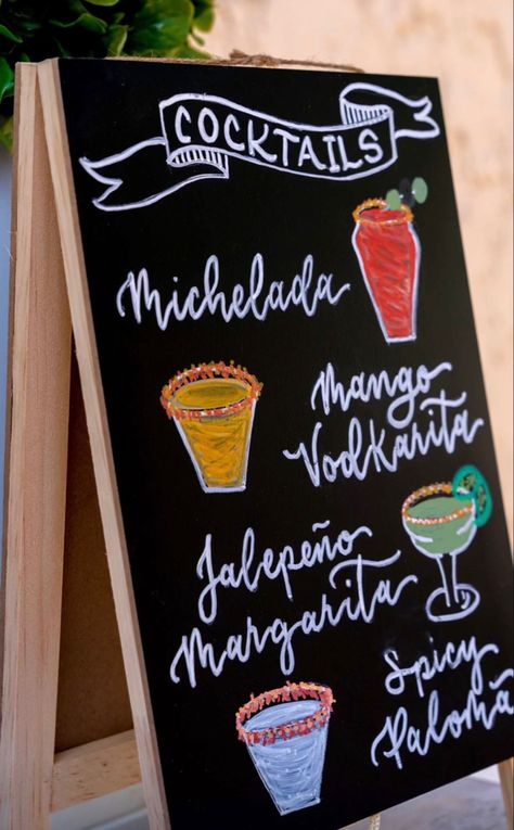 Michelada Station Ideas, Michelada Bar Ideas, Michelada Bar, Ideas Para Bares Originales, Chalkboard Drink Menu Board, Cantina Decor, Tiki Bar Menu Design, Modelo Michelada, Anniversary Chalkboard