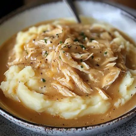 Shredded Chicken Mashed Potatoes And Gravy, Savory Slow Cooker Chicken With Gravy, Smothered Chicken And Mashed Potatoes, Creamy Chicken Gravy Over Mashed Potatoes, Leftover Chicken Gravy Recipes, Crockpot Chicken Over Mashed Potatoes, Mashed Potato Meal Prep, Shredded Chicken Over Mashed Potatoes, Chicken And Gravy In Crockpot