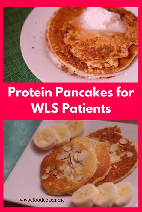 WLS Friendly recipes for protein pancakes. Great after Gastric Sleeve or Gastric Bypass! No flour, super easy, very tasty! www.foodcoach.me Bariatric Hacks, Gastric Recipes, Bariatric Support, Vsg Meals, High Protein Bariatric Recipes, Gastric Surgery, Bariatric Recipes Sleeve, Pumpkin Protein Pancakes, Gastric Bypass Recipes