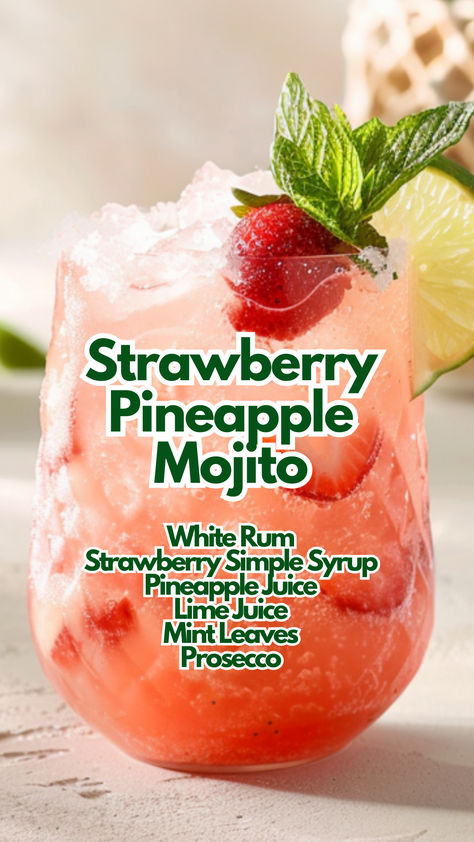 Strawberry Pineapple Mojito Fruity Alcohol Drinks Recipes, Strawberry Pineapple Margarita, Coastal Drinks, Fruity Drinks With Alcohol, Fancy Alcoholic Drinks, Mojito Flavors, Fruity Cocktail Recipes, Fruity Alcohol Drinks, Pineapple Mojito