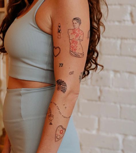 Tattoo Sleeve Sticker Style, Minimal Patchwork Tattoo Sleeve, Minimal Arm Sleeve Tattoo, Minimal Tattoo Sleeve Woman, Patchwork Sleeve Placement, Female Sticker Sleeve Tattoo, Sticker Sleeve Inspiration, Minimal Sticker Sleeve, Sticker Sleeve Tattoo Placement