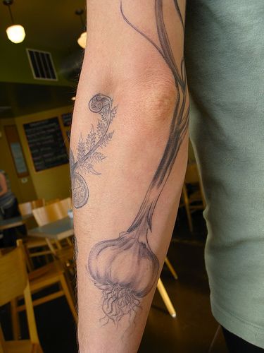 food tattoo #tattoo Fiddlehead Tattoo, Vegetable Tattoo, Culinary Tattoos, Fiddlehead Fern, Chef Tattoo, Fern Tattoo, Food Tattoos, Botanical Tattoo, Body Modification