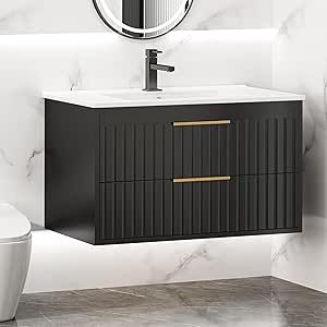 TOLEAD 30" Bathroom Vanity Cabinet with Sink Combo, Wall Mounted Floating Bathroom Vanity with 2 Big Drawer and Metal Handles, Black Black Bathroom Vanities, Cabinet With Sink, Vanity Black, 30 Bathroom Vanity, Bathroom Vanity Cabinet, Floating Bathroom Vanity, Floating Vanity, Bathroom Vanity Cabinets, Black Bathroom