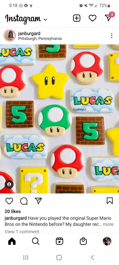 Super Mario Cookies Birthday, Mario Party Cookies, Super Mario Brothers Cookies, Mario Theme Treats, Mario Party Cupcakes, Bowser Birthday Party Ideas, Super Mario Sugar Cookies, Mario Themed Birthday Cake, Super Mario First Birthday Party