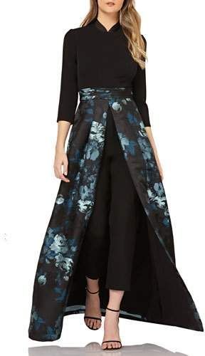 Kay Unger New York Crepe Jumpsuit w/ Floral Skirt Overlay Slippers Christmas, Kay Unger Dresses, Ball Skirt, Crepe Jumpsuit, Floral Print Jumpsuit, Kay Unger, Jacquard Skirt, Overlay Skirt, Designer Evening Gowns