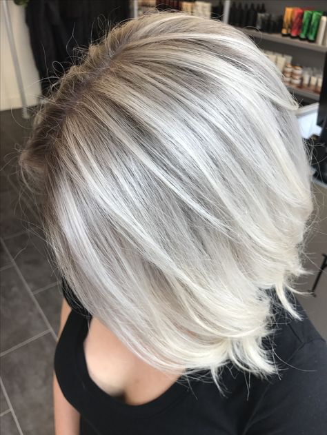 White Blonde Grey Hair, Silver Long Bob Hairstyles, Icy Gray Blonde Hair, White Gray Hair With Lowlights, Gray Roots Blending Blonde, Gray Platinum Hair, Grey Hair With Blonde Highlights, Blond And Grey Hair, Blending Grey Hair With Blonde