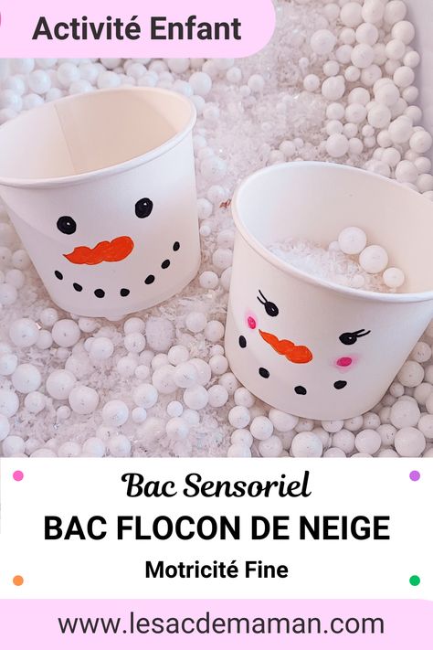 Grâce à ce bac sensoriel permet à ton enfant d'exercer sa motricité fine tout en ouvrant le champs lexical de l'hiver. DIY - tes bonhommes de neige en gobelet   Activité de Noël / Activité Hiver / Maternelle / IEF / 3 ans / 4 ans / 5ans / 6 ans / bonhomme de neige / flocon de neige / bac sensoriel / activité sensoriel / Neige Kids Education, Speech Therapy, Montessori, Education, Fan, Tes