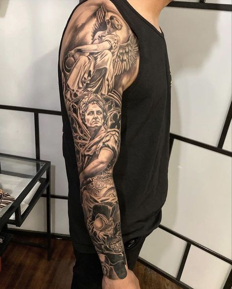 Roman Angel Tattoo, Ark Angel Tattoo, Julius Caesar Tattoo, Angel Tattoo Sleeve, Angel Sleeve Tattoo, Ark Angel, Tattoo Wings, Italy Tattoo, Scripture Tattoos