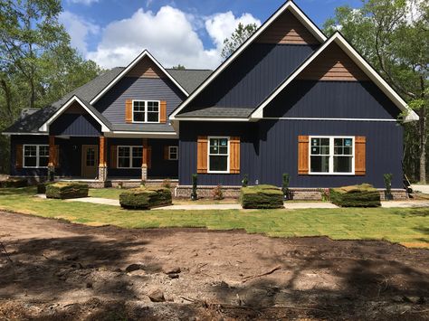 Craftsman Marine Blue Cedar Navy House Black Shutters, Navy House Black Windows, Navy Blue House Exterior, Blue Siding House, Navy House Exterior, Cedar Farmhouse, Blue Home Exterior, Blue Exterior House Colors, Dark Blue House Exterior