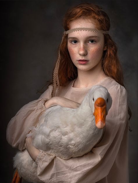 Pretty redhead holding a large white goose. Pretty Redhead, Acrylic Gouache, White Goose, Human Poses Reference, Human Poses, Female Poses, Dnd Characters, Bird Feathers, Large White