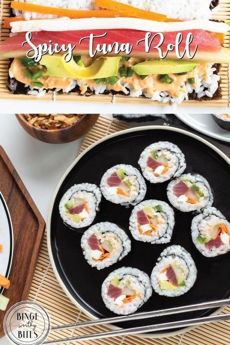 Learn how to make sushi! Get more homemade sushi rolls tutorials and Asian recipes to make for dinner at bingeworthybites.com! Ahi Tuna Sushi Rolls, Sushi Recipes Tuna, Sushi With Cream Cheese, Tuna Sushi Recipes, Spicy Tuna Roll Recipe, Tuna Roll Sushi, Ahi Tuna Sushi, Tuna Sushi Rolls Recipe, Baked Sushi