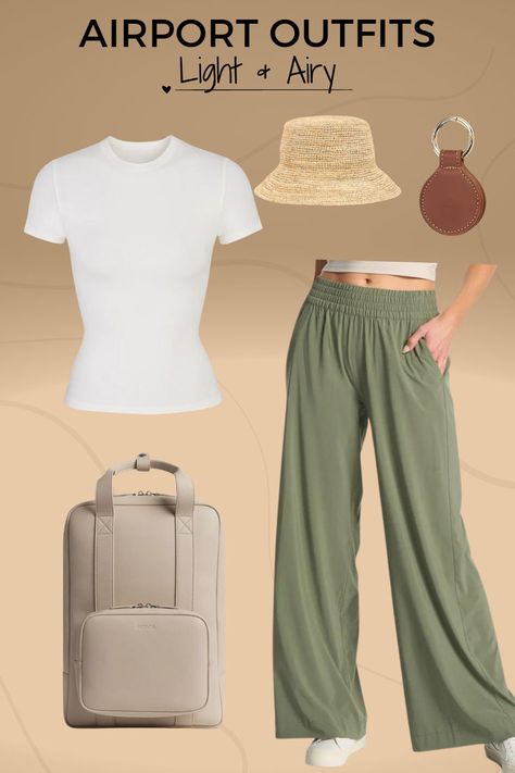 The image reads Airport outfits that are light and airy. Cut-out images of the Monos backpack, wide-leg Vouri villa pants, a summer straw hat, a leather hat clip, and a white tee shirt. The article links to our blog post reviewing all our favorite airport outfits. Beach Airport Outfit Travel Style, Airplane Summer Outfit, Best Flight Outfit, Comfortable Airport Outfit Summer, Airport Outfit Summer Beach, Air Travel Outfits, Boracay Outfit, Travel Outfit Summer Airport Casual, Summer Airplane Outfit