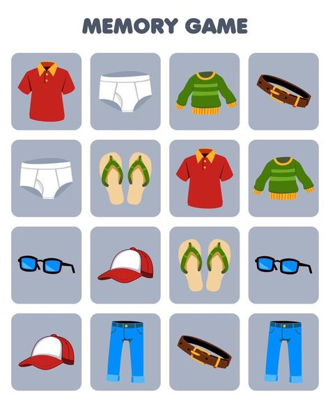 Education game for children memory to find similar pictures of cartoon polo shirt underpants sweater belt slipper glasses cap jean printable clothes worksheet Clothes Worksheet, Clothes Game, Memory Games For Kids, Game For Children, Memory Game, Memory Games, Vector Drawing, Gaming Clothes, Matching Games