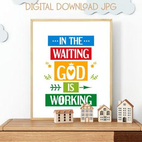 Christian poster for Classroom decor. In the waiting. Bible verse stripes design Quote From The Bible, Poster For Classroom, Printable Posters Wall Art, Christian Classroom, God Is Working, Bible Verse Wall Decor, Christian Poster, Christian Posters, Printable Posters