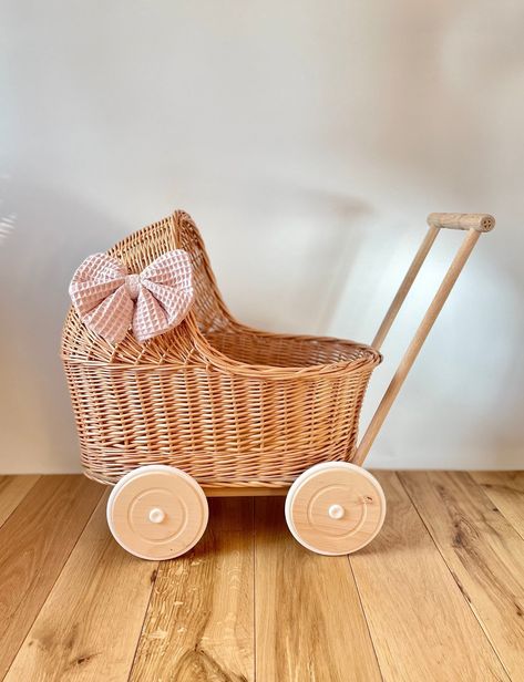 LUXURY Wicker Pram With Bow and Bedding Included, Doll Pram, Wicker Doll Pram UK, Baby Doll Pram, Pram Toy, Wooden Pram, Wicker Dolls Pram - Etsy Prams Uk, Doll Pram, Old Wicker, Pram Toys, White Rims, Wooden Wheel, Good Birthday Presents, Dolls Prams, Wooden Floors