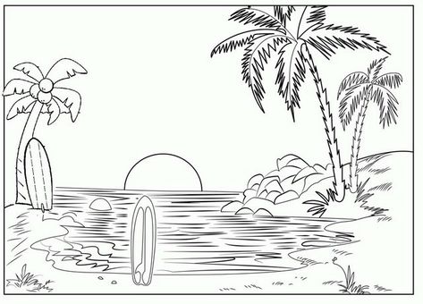 Sunset Coloring Pages, Coloring Pages Nature, Beach Coloring Pages, Summer Coloring Pages, Free Adult Coloring Pages, Easy Coloring Pages, Nature Drawing, Outline Drawings, Beach Scene