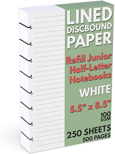 Amazon.com : Discbound Half-Letter Size Lined Paper Refill, 250 Sheets (500 Pages), 5.5 in. x 8.5 in, 100 GSM, Junior Size 8 Disc Notebooks : Office Products Disc Notebook, Discbound Notebook, Loose Leaf Paper, Refillable Planner, Writing Space, Copy Paper, Letter Paper, Notebook Paper, Office Products