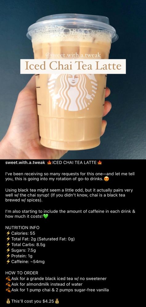 Low Calorie Starbucks Chai, Healthy Chai Tea Latte Starbucks, Low Cal Chai Tea Latte Starbucks, Chai Tea Starbucks Order, Starbucks Chai Tea Latte Order, Iced Chai Latte Starbucks, Sugar Free Starbucks Drinks, Low Calorie Starbucks Drinks, Chai Tea Latte Starbucks