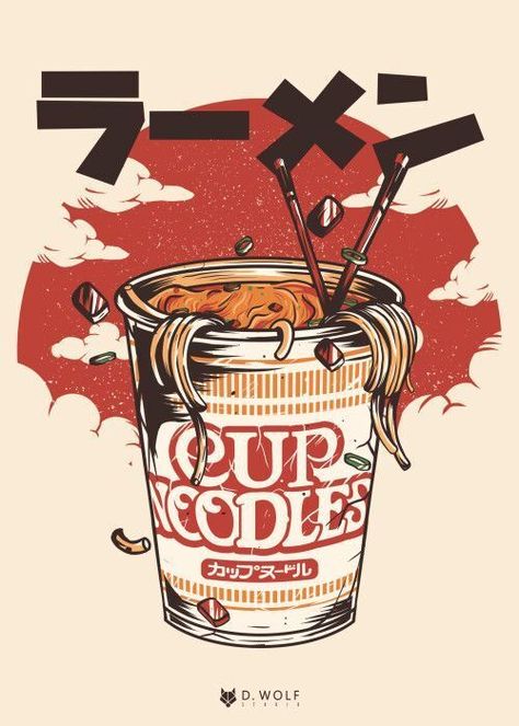 CUP NOODLES Poster Print by D. Wolf Studio  Seeking Japanese-inspired illustrations? 🖌️🎌 Look no further! Click the link above and let's bring your ideas to life! 💡✨ #Japaneseillustration #JapaneseArt Noodles Poster, Japanese Food Illustration, Japan Graphic Design, Automotive Logo Design, Japanese Pop Art, Japanese Art Styles, Japanese Poster Design, Retro Artwork, Cup Noodles