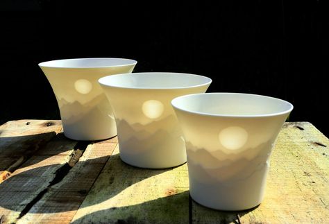 Porcelain | The Wee Viking (shellac resist) Luminary Ceramic, Luminary Pottery Candle Holders, Porcelain Luminaries, Ceramic Candle Lantern, Water Erosion, Snowflake Candle Ceramic, Translucent Porcelain, Coil Pots, Ceramic Light