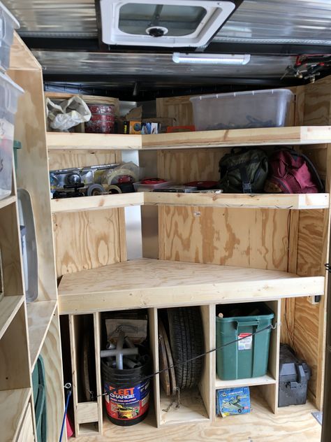 6x12 Cargo Trailer Shelves, Shelving For Enclosed Trailer, Enclosed Trailer Shelves, Hvac Trailer Setup, Enclosed Hunting Trailer Ideas, Box Trailer Storage Ideas, V Nose Trailer Shelving, Hunting Trailer Ideas, Cargo Trailer Tool Storage Ideas