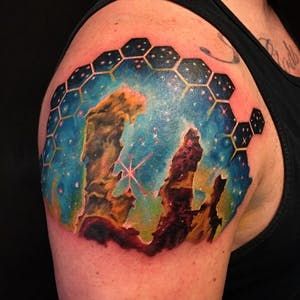 Tattoo uploaded by Rebecca | Geometric space tattoo by Nick Friederich via Instagram #NickFriederich #space #galaxy #stars #solarsystem | 41072 | Tattoodo Geometric Space Tattoo, Creation Tattoo, Sky Tattoo, Pillars Of Creation, Sacred Tattoo, Zodiac Tattoos, Space Tattoo, Space Galaxy, Book Tattoo