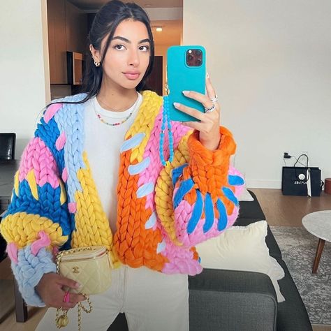 HOPE MACAULAY on Instagram: “@zozosfits wears her Colourful Colossal Knit Jacket 💐” Hope Macaulay, Crochet Patterns Filet, Fashion Terms, Colored Cardigans, Crochet Handbags Patterns, Cardigan Outfits, Knit Fashion, Rainbow Stripes, Knit Jacket