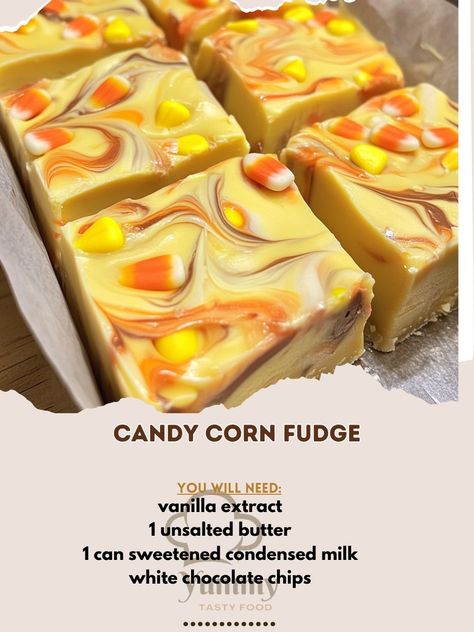 🎃🍬 Indulge in the perfect Halloween treat with our Candy Corn Fudge! Creamy, sweet, and oh-so festive! 🍂🧡 🍬 Candy Corn Fudge Ingredients: - 3 cups white chocolate chips - 1 can sweetened condensed milk - 1/4 cup unsalted butter - 1 tsp vanilla extract - 1 cup candy corn - Orange and yellow food coloring Instructions: 1. Line an 8x8 inch baking dish with parchment paper. 2. In a saucepan, melt white chocolate chips, condensed milk, and butter over low heat. 3. Once smooth, stir in vanilla e... Candy Corn Corn On The Cob, Candy Corn On The Cob, Melt White Chocolate Chips, Candy Corn Recipes, Candy Corn Recipe, Cozy Fall Recipes, Yellow Food, Fudge Ingredients, Melting White Chocolate