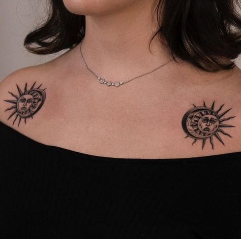 Moon And Sun Collar Bone Tattoo, Collar Bone Tattoo Sun And Moon, Sun And Moon Collarbone Tattoo, Sun And Moon Collar Bone Tattoo, Traditional Collar Bone Tattoo, Sun And Moon Shoulder Tattoo, Back Tattoo Women Upper, 22 Tattoo, Red Dragon Tattoo