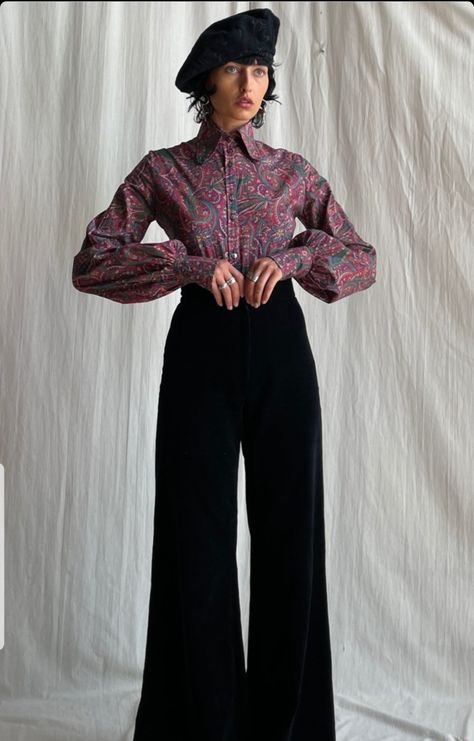 70s Button Up Shirt Outfit, Groovy Brunch, Puffy Sleeves Blouse Outfit, Jewel Aesthetic, 70s Workwear, Location Photoshoot, Puffy Sleeve Shirt, Puffy Sleeves Blouse, 70s Women Fashion