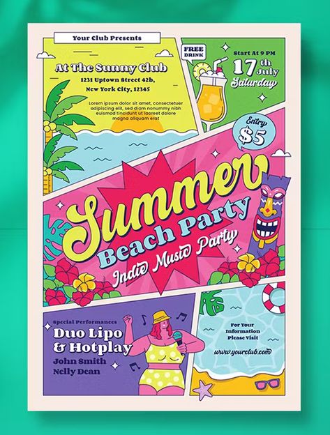 Summer Beach Party Flyer Template AI, PSD Summer Magazine Design, Beach Party Flyer Design, P5 Banner, Flyers Design Layout, Party Flyer Ideas, Summer Party Design, Beach Party Poster, Summer Poster Design, Summer Party Poster