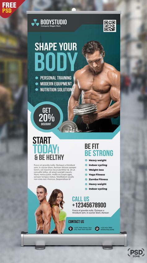 Gym Roll Up Banner Free PSD Pull Up Banner Design Inspiration, Gym Banner Design, Roller Banner Design, Pull Up Banner Design, Rollup Design, Standing Banner Design, Rollup Banner Design, Gym Banner, Standee Design