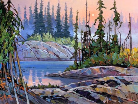 North Woods, original oil northern summer mountain sunset landscape painting by Canadian artist Graeme Shaw at Effusion Art Gallery in Invermere, BC. Invermere Bc, Mountain Sunset Landscapes, Sunset Landscape Painting, Lake Painting, Coastal Painting, Mountain Sunset, Sunset Landscape, Canadian Art, Mountain Paintings