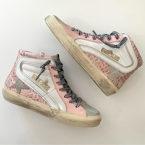 Shoes Golden Goose, Pink Slides, Pink Polka Dot Dress, Shoe Wishlist, Goose Shoes, Trendy Boots, Swim Shoes, Shoe Inspo, Golden Goose Shoes