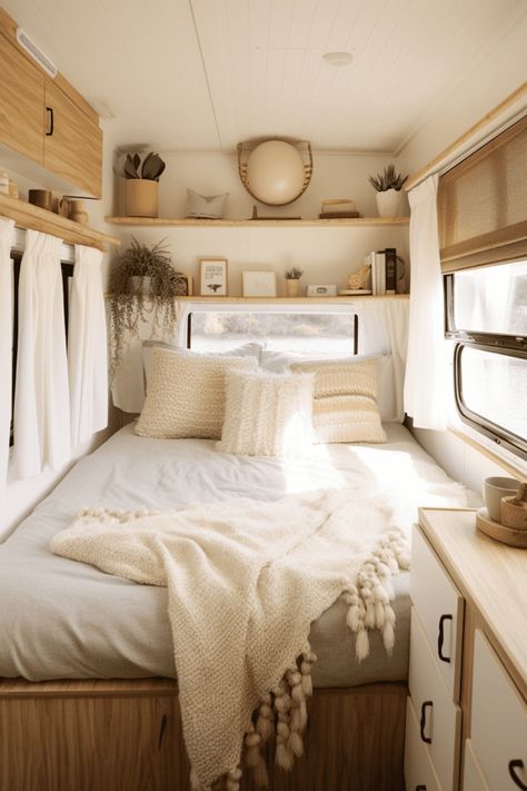 Discover inspiring ideas to make your recreational vehicle's bedroom area stand out, with decorative accents and clever storage solutions that optimize space utilization. Transform your on-the-go sanctuary into a cozy haven that reflects your personal style and meets all your travel needs. Cozy Rv Decor, Caravan Bedding, Camper Bedroom Ideas, Modern Rv Interior, Camper Interior Remodel, Camper Bedroom, Rvs Interior, Husbil Makeover, Caravan Interior Makeover