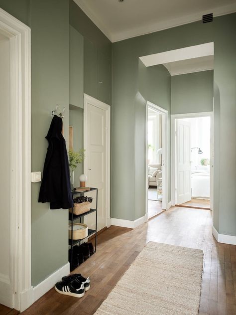 Pale Green Walls Living Room, Pale Green Hallway, Sage Green Interior Design Living Room, Light Green Hallway, Pale Green Walls, Hallway Green, Pastel Wall Color Ideas, Hallway Wall Colors, Home Painting Ideas