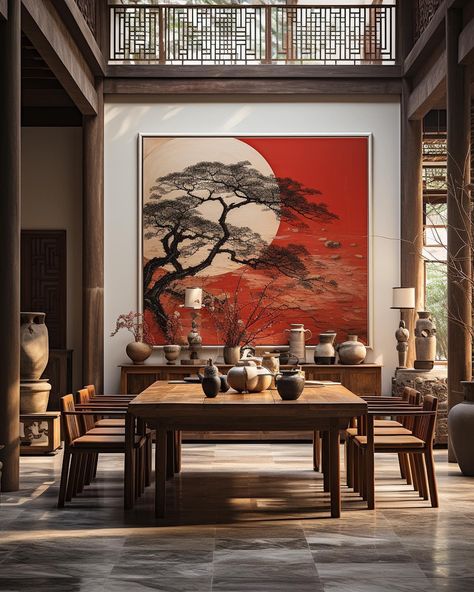 Moody Asian Interior, Asian Office Decor, Chinese Inspired Living Room, Modern Orientalism, Chinese Dining Room Design, Interior Types, Asian Inspired Living Room, Asian Dining Room, Modern Chinese Interior