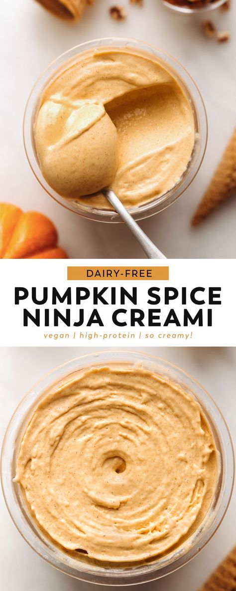 My favorite high-protein frozen fall dessert! This ninja creami pumpkin ice cream is dairy-free, fruit-sweetened, and full of warm cozy pumpkin spice. Mix-in a handful of nuts or granola for an instant pumpkin pie (but healthy) experience! Dairy Free Ninja Creami, Pumpkin Ice Cream Recipe, Ice Cream Maker Recipes Healthy, Pumpkin Spice Ice Cream, Ninja Ice Cream Recipe, Healthy Ice Cream Recipes, Vegan Pumpkin Spice, Dairy Free Pumpkin, Clean Dessert