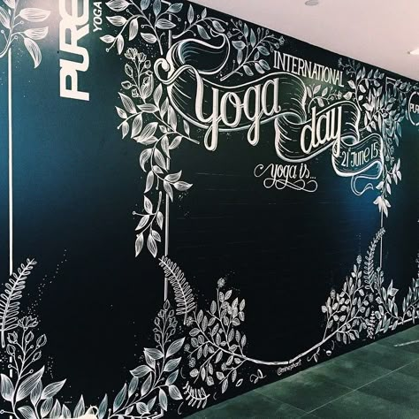 123 Likes, 9 Comments - Minty Mint Min (@minephant) on Instagram: “day 164/365 - Finally done #pureyoga #yoga #internationalyogaday #handlettering #handcrafted…” Quote Keep Going, Wall Typography, Wall Painting Designs, Motif Jungle, Blackboard Art, Chalk Wall, Chalkboard Lettering, Chalk Lettering, Chalkboard Designs